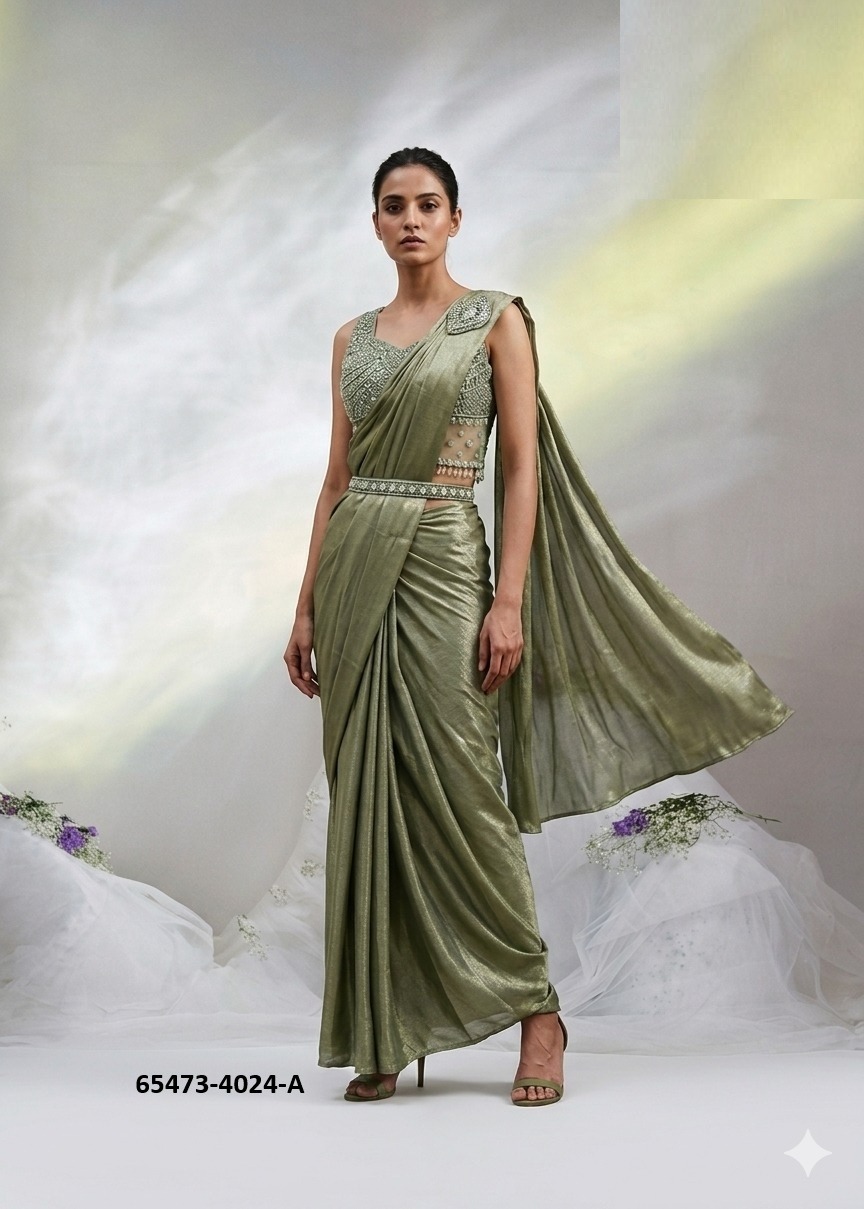 Beautiful Ready to wear Sari in Sage Green