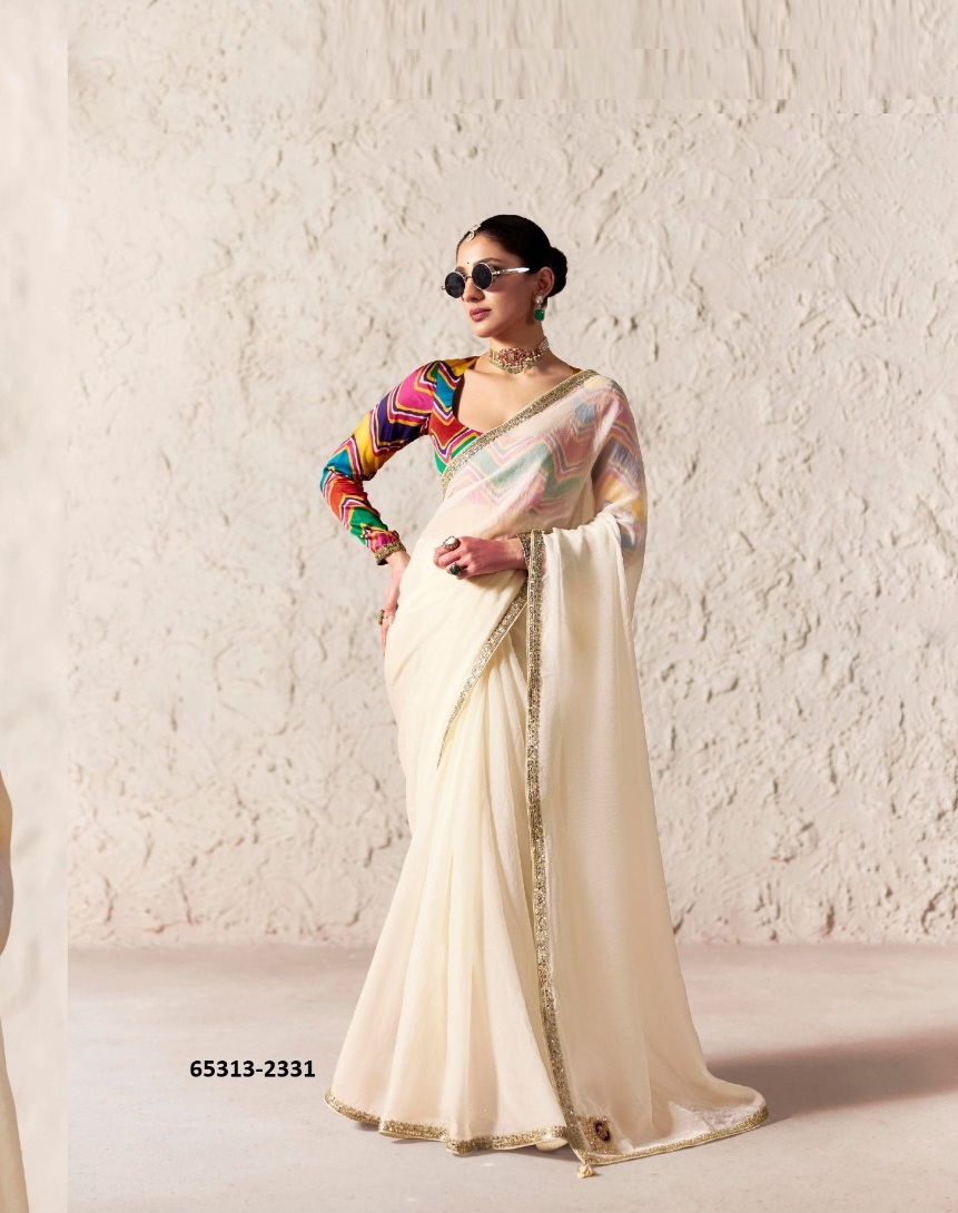 Beautiful cream and multicolor sari with blouse