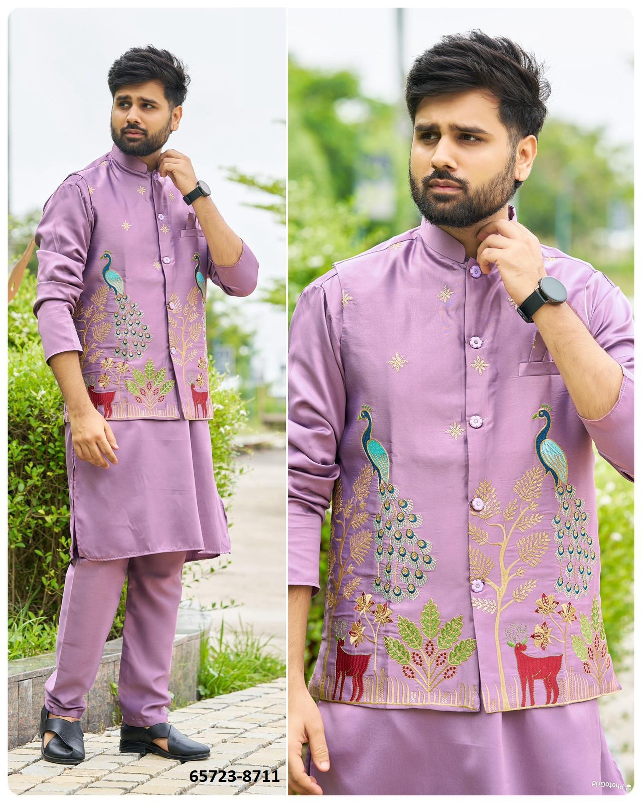 Amazing Mens Kurta Pajama with Jacket in Peacock Design