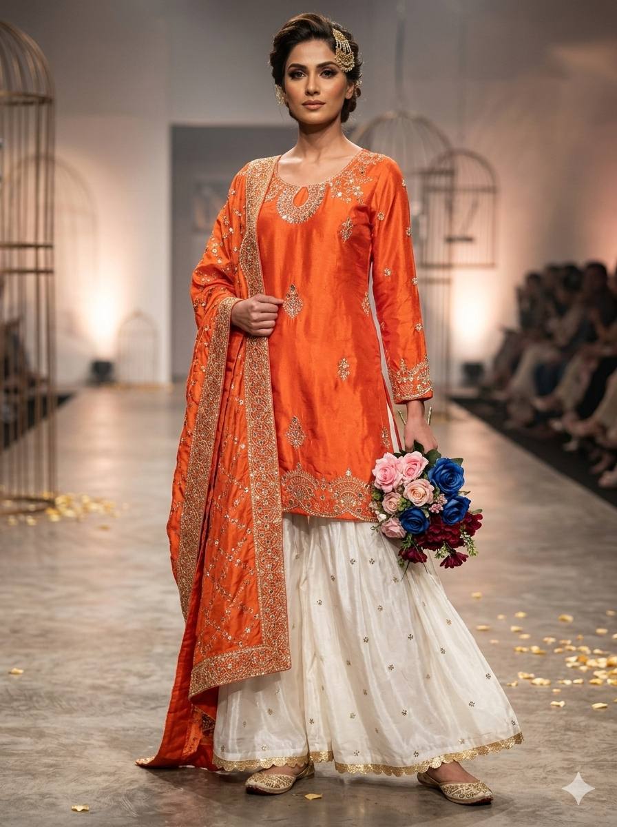 Magnificent Sharara Suit in Orange and Cream