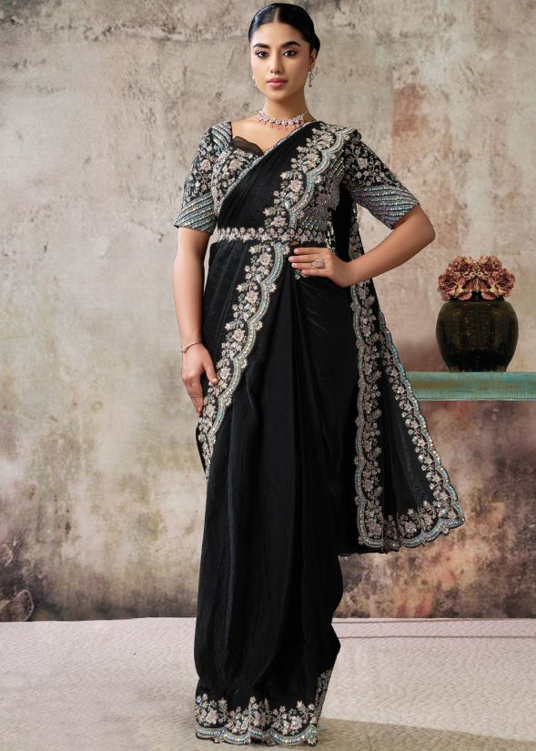 Stunning Black Satin Pre Stitched Sari With Blouse