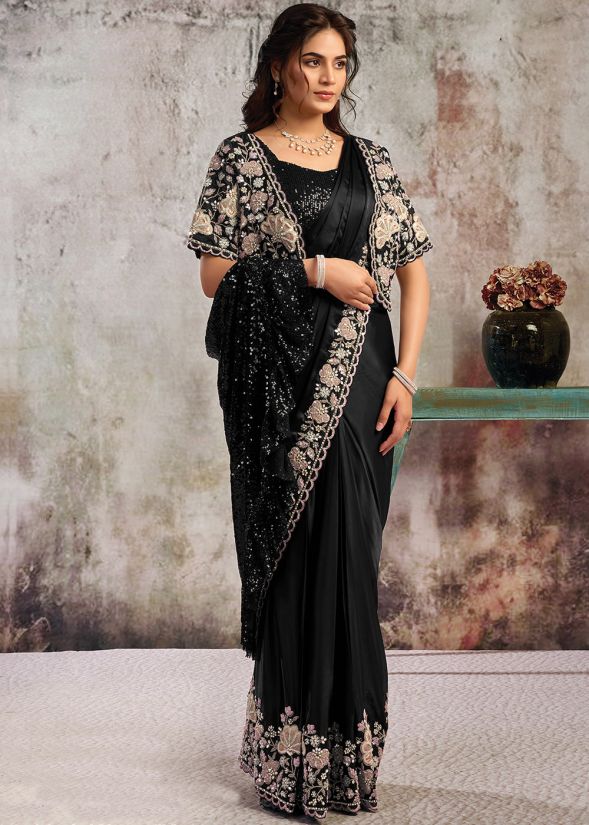 Amazing Black satin pre-stitched saree with floral jacket