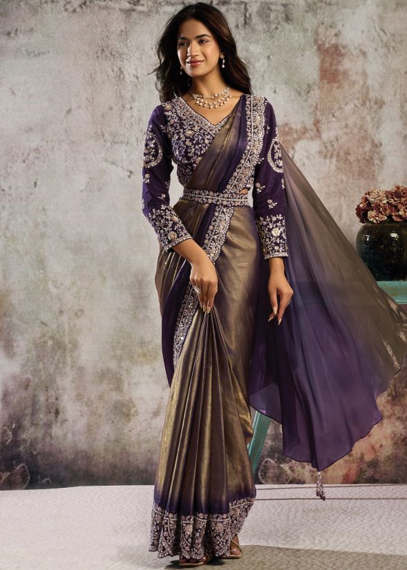 Indulge in effortless elegance with this dual-tone purple satin pre-stitched saree with Blouse