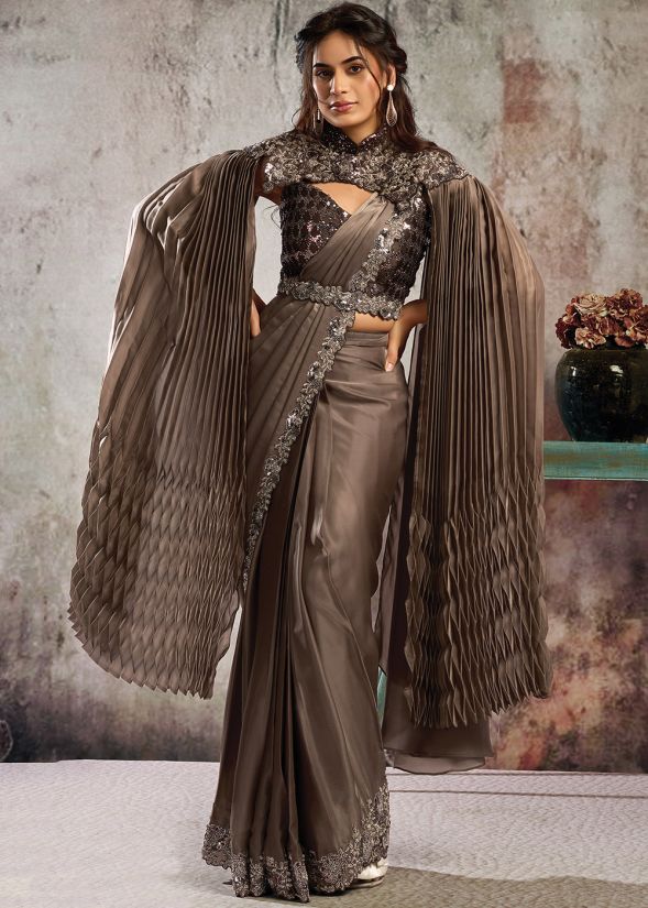 MAGNIFICENT BROWN SATIN PRE-STITCHED SAREE WITH PLEATED CAPE