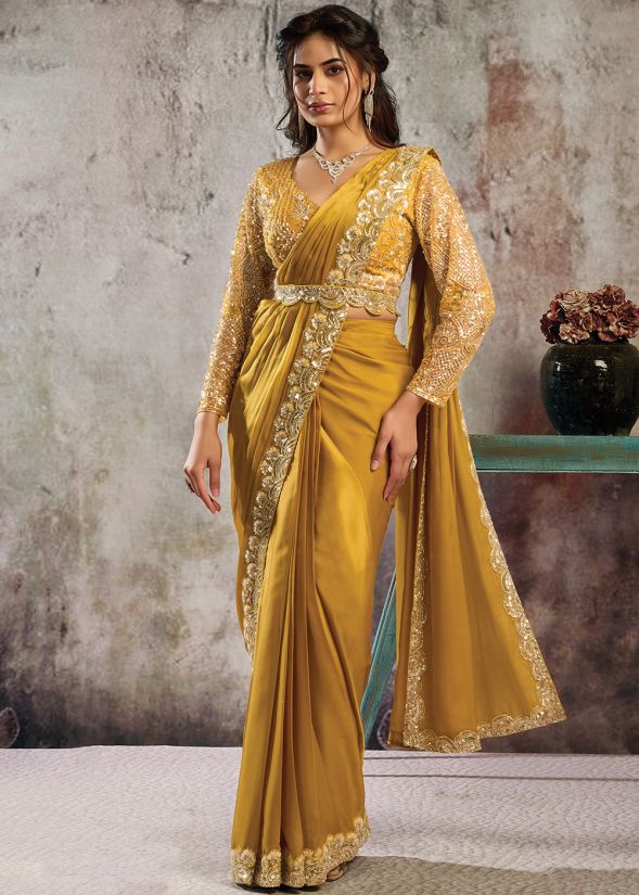 STUNNING SATIN PRE STICH SARI WITH BLOUSE