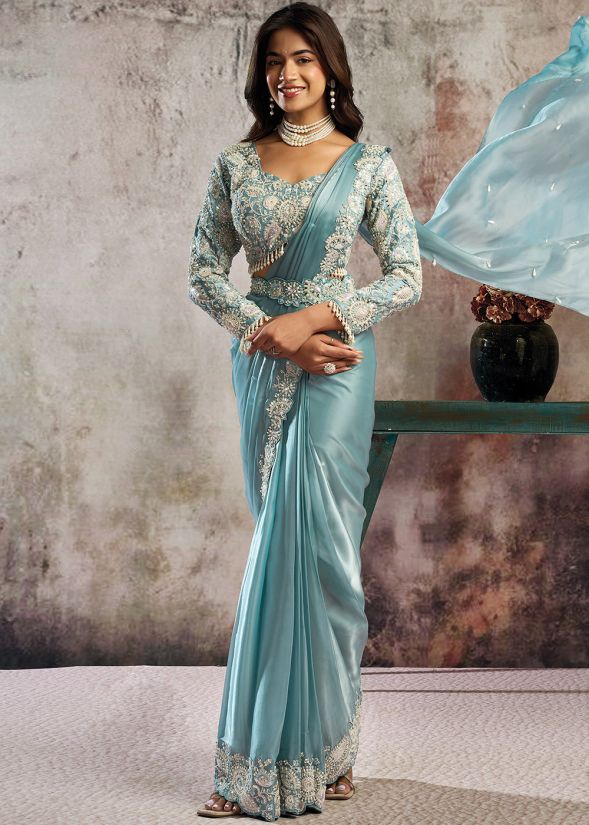 GOGEOUS AQUA BLUE  READY TO WEAR SARI WITH BLOUSE AND BELT
