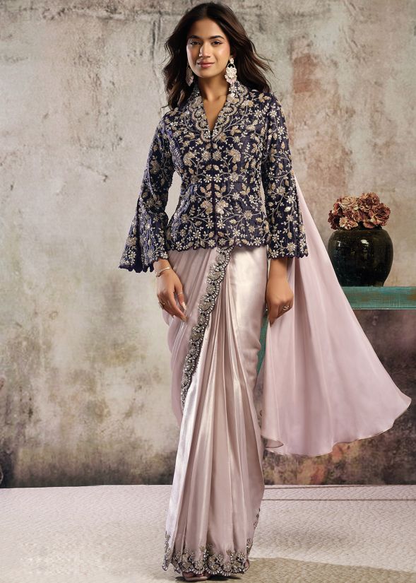 CHIC STYLE NAVY BLUE AND CREAM JACKET STYLE READY TO WEAR SARI