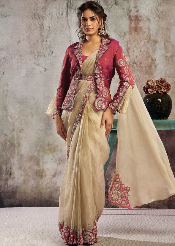 ORGANZA BAIGE READY TO WEAR SARI WITH PJACKET
